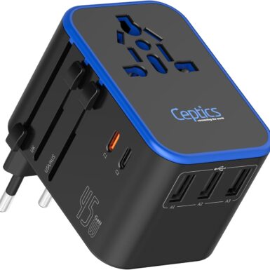 Ceptics Universal Travel Adapter, 45W International Power Adapter with PD & QC 3.0 Dual USB-C, 3 USB Travel Adapter Worldwide, Type I C G A Outlets - EU Euro US UK (11-KU)