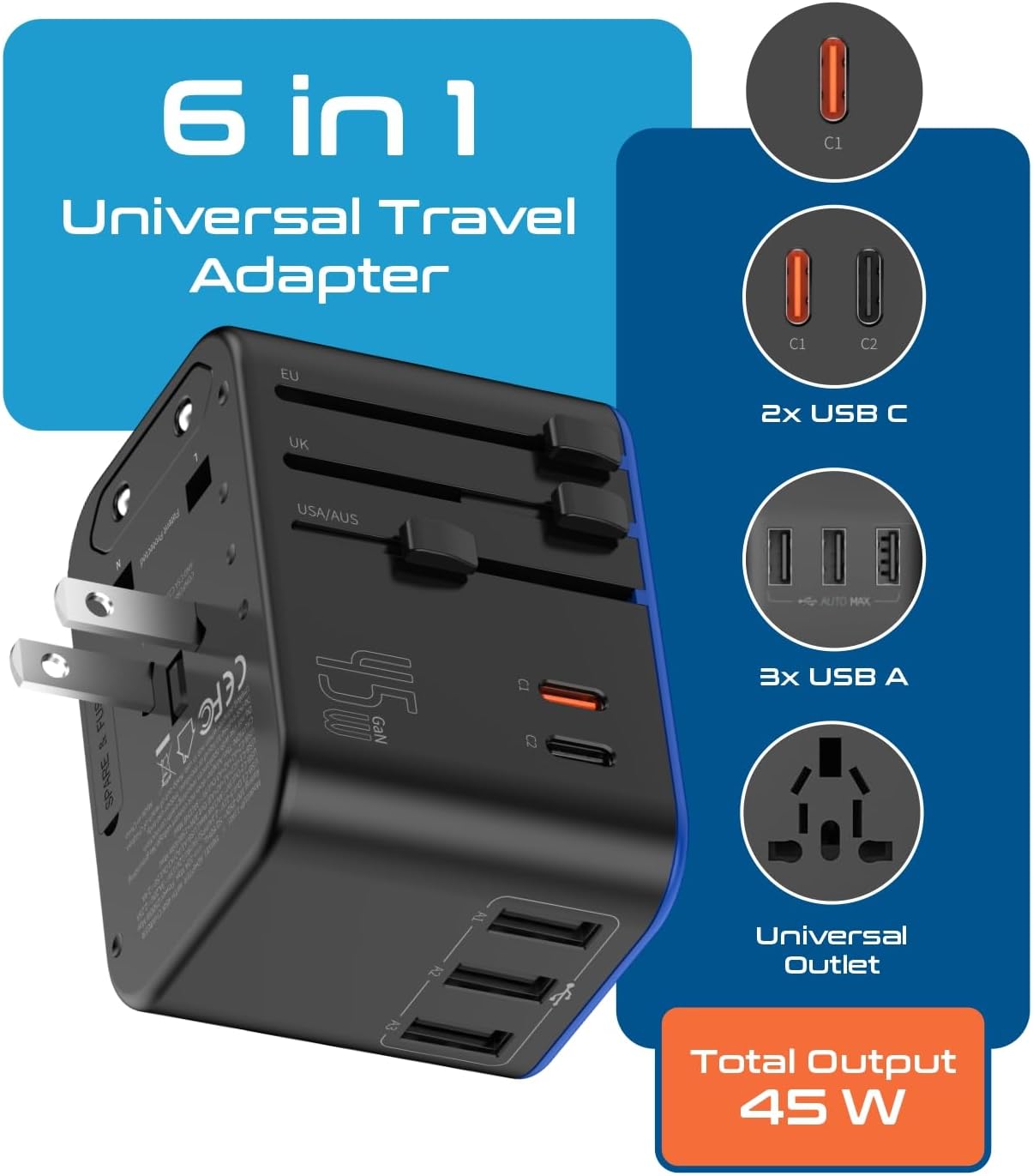 Ceptics Universal Travel Adapter, 45W International Power Adapter with PD & QC 3.0 Dual USB-C, 3 USB Travel Adapter Worldwide, Type I C G A Outlets - EU Euro US UK (11-KU) - Image 2