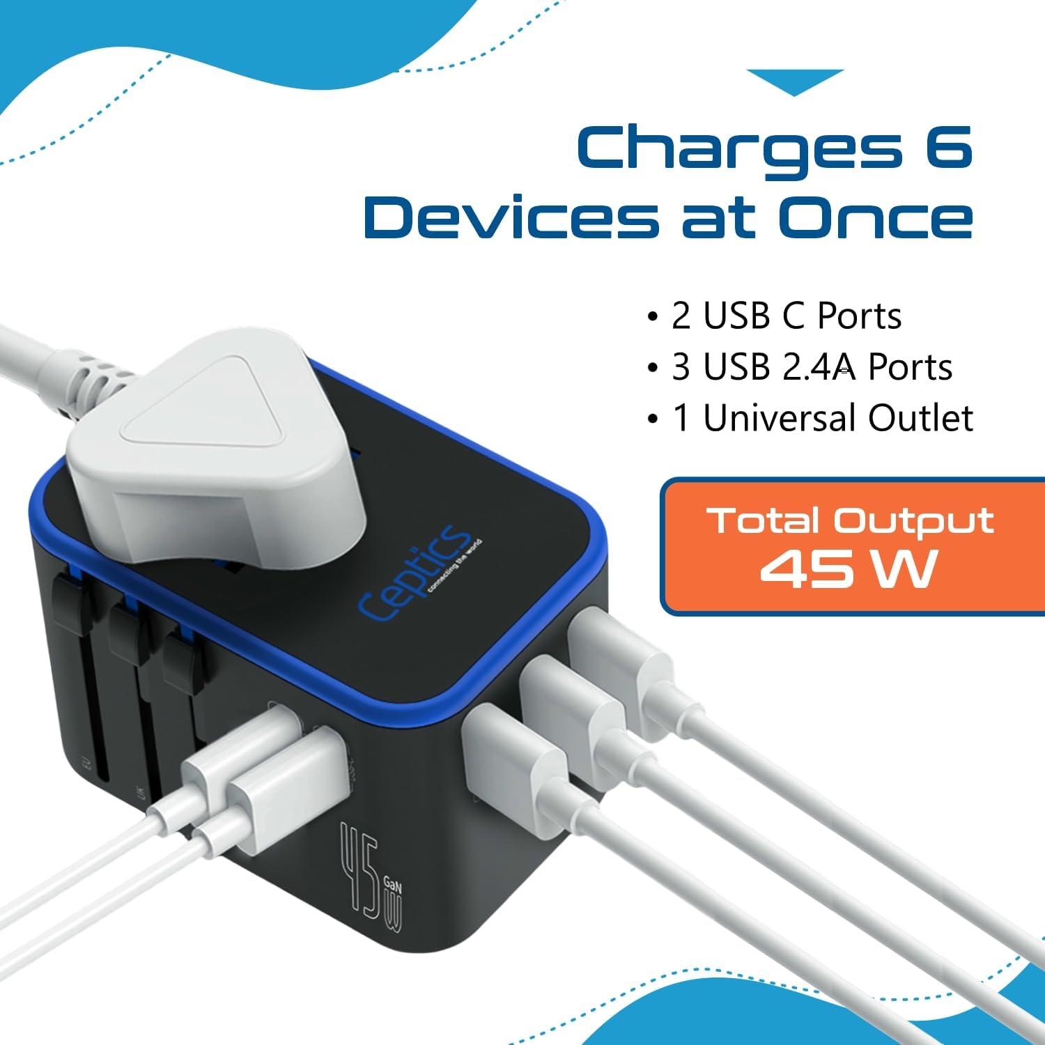 Ceptics Universal Travel Adapter, 45W International Power Adapter with PD & QC 3.0 Dual USB-C, 3 USB Travel Adapter Worldwide, Type I C G A Outlets - EU Euro US UK (11-KU) - Image 4