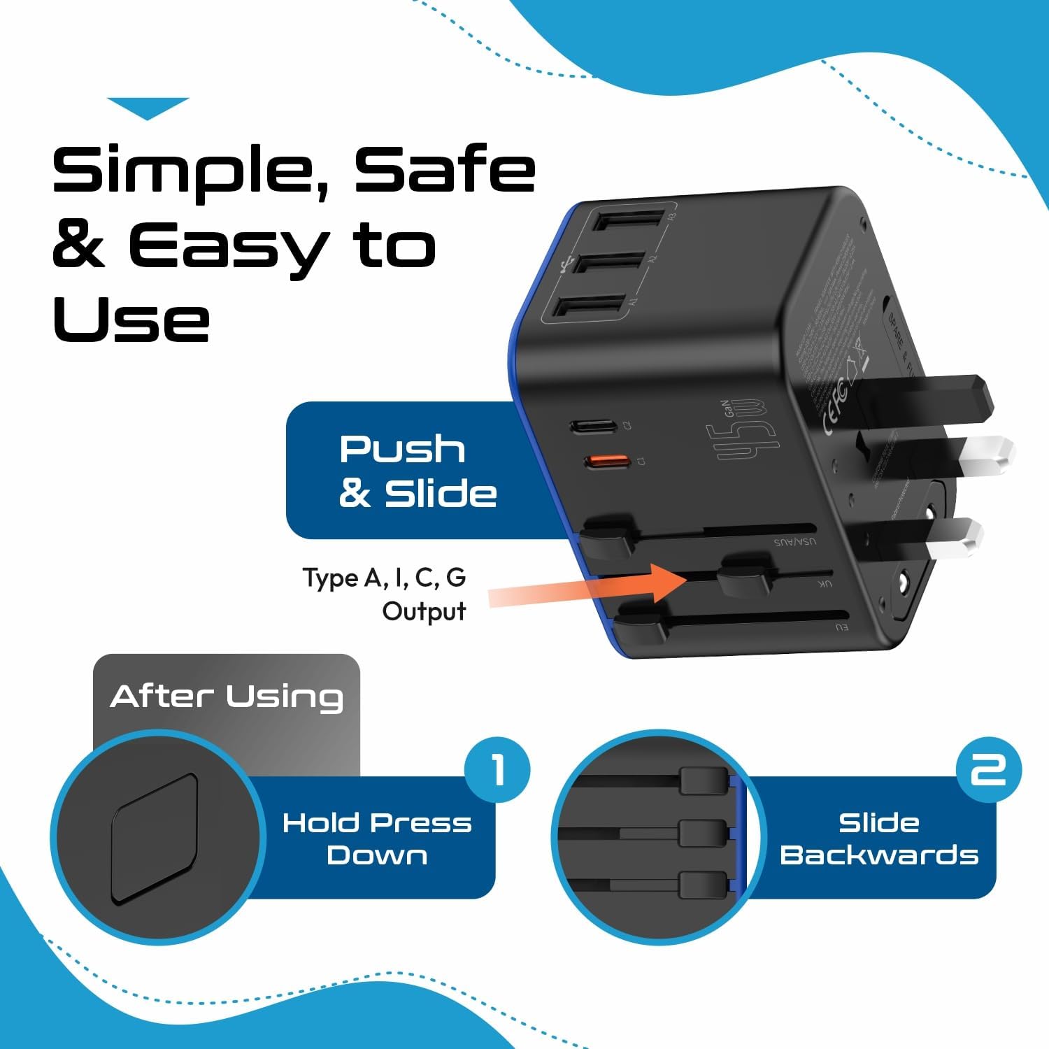 Ceptics Universal Travel Adapter, 45W International Power Adapter with PD & QC 3.0 Dual USB-C, 3 USB Travel Adapter Worldwide, Type I C G A Outlets - EU Euro US UK (11-KU) - Image 5