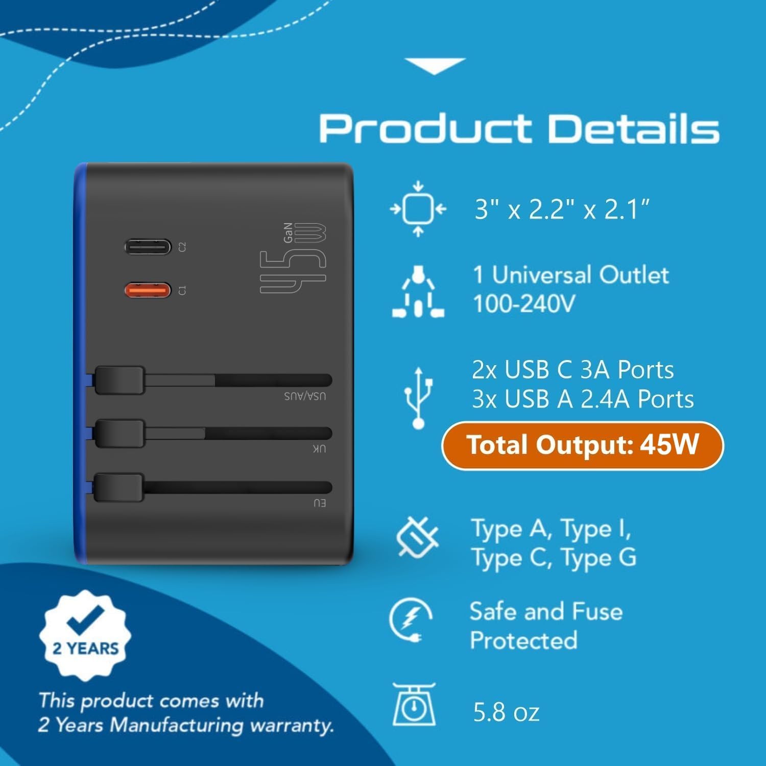 Ceptics Universal Travel Adapter, 45W International Power Adapter with PD & QC 3.0 Dual USB-C, 3 USB Travel Adapter Worldwide, Type I C G A Outlets - EU Euro US UK (11-KU) - Image 6