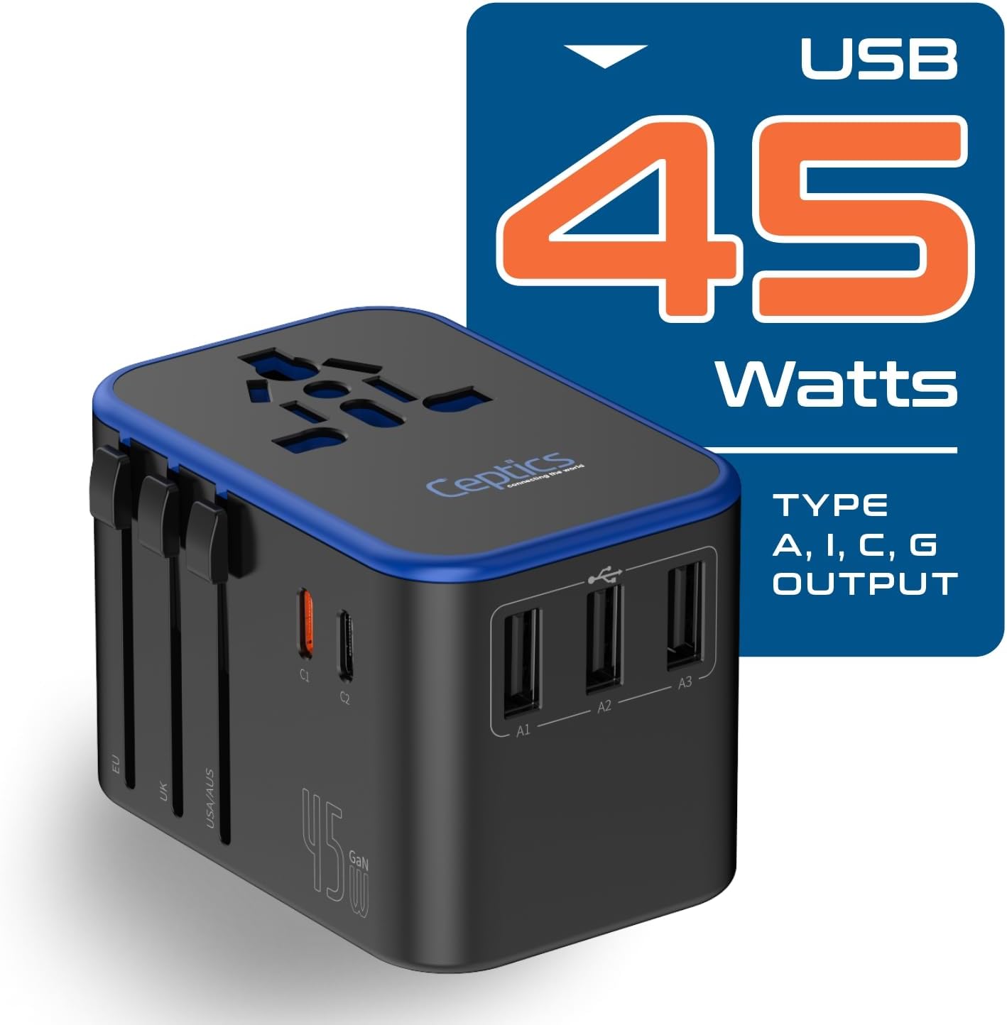 Ceptics Universal Travel Adapter, 45W International Power Adapter with PD & QC 3.0 Dual USB-C, 3 USB Travel Adapter Worldwide, Type I C G A Outlets - EU Euro US UK (11-KU) - Image 7