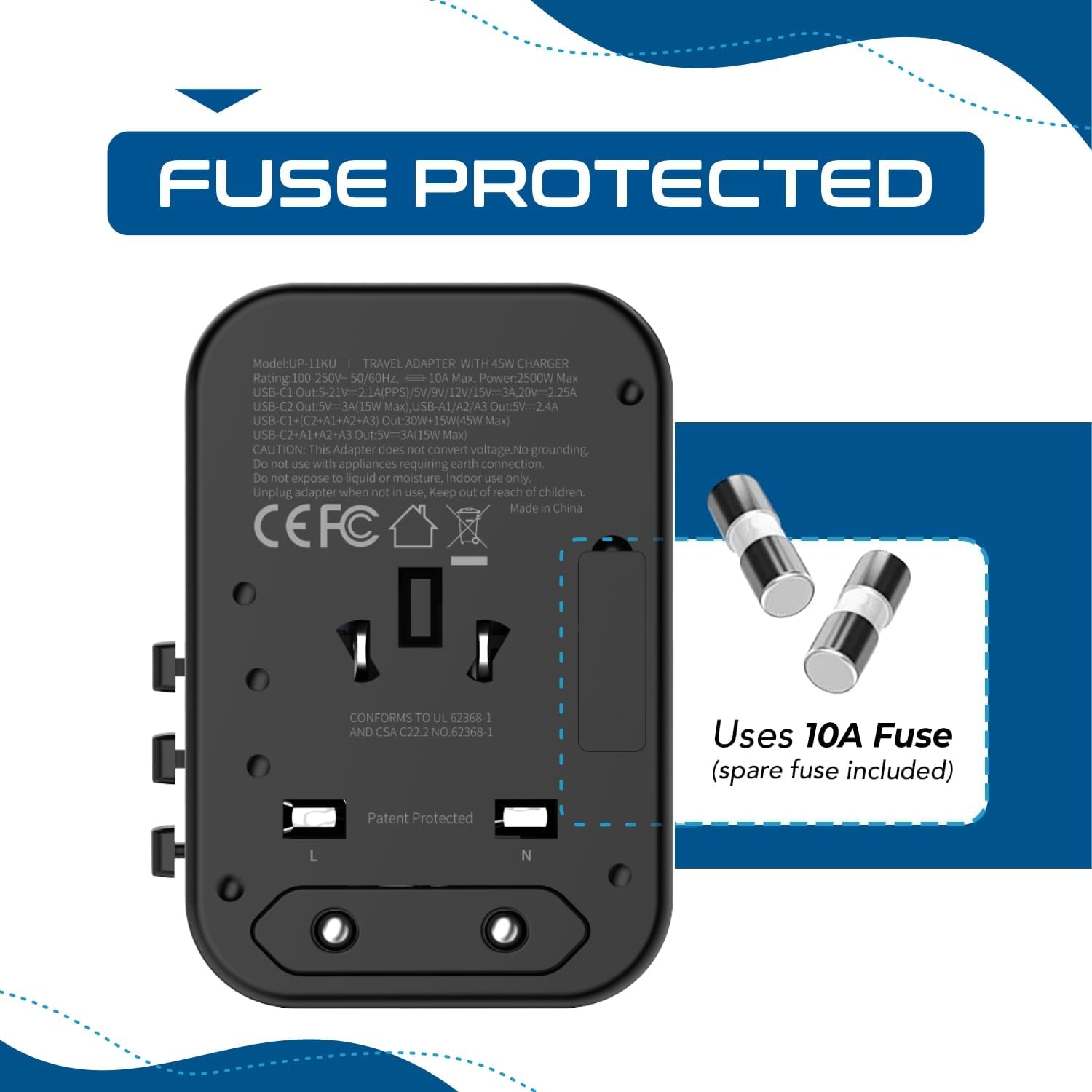 Ceptics Universal Travel Adapter, 45W International Power Adapter with PD & QC 3.0 Dual USB-C, 3 USB Travel Adapter Worldwide, Type I C G A Outlets - EU Euro US UK (11-KU) - Image 9