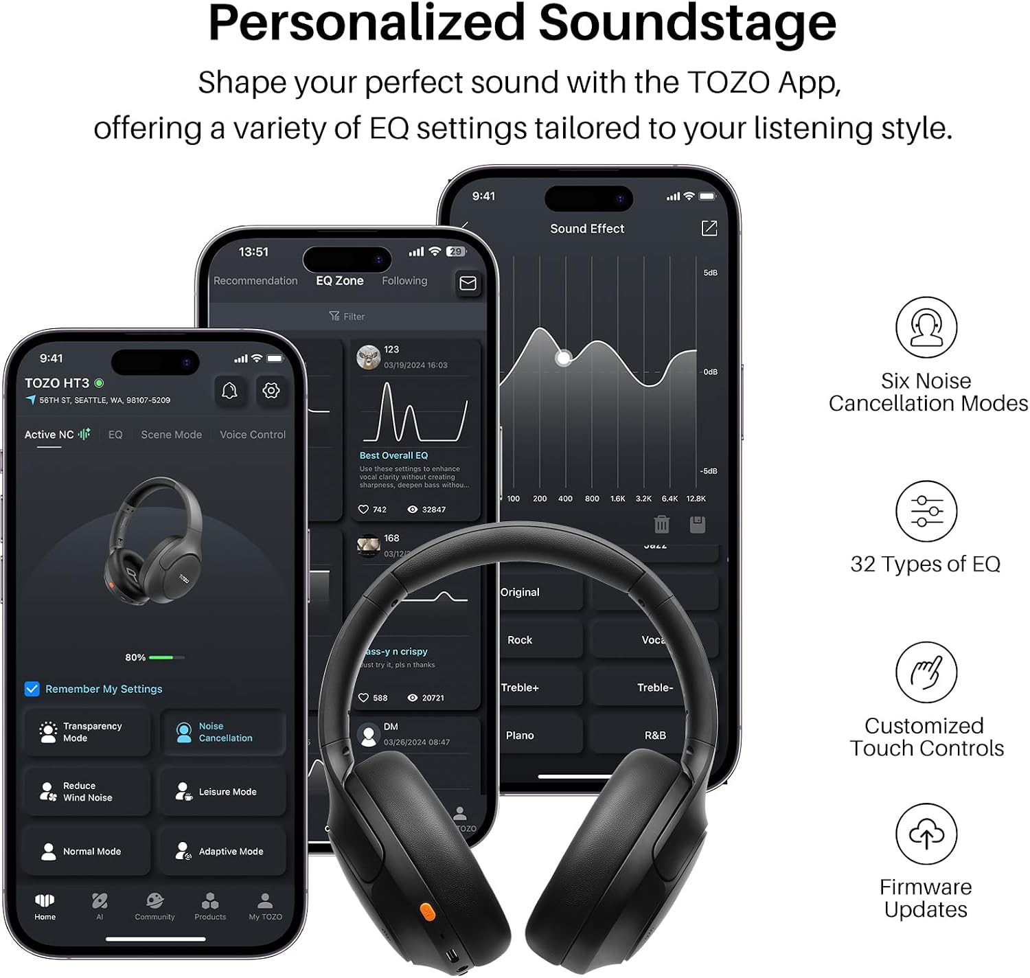 TOZO HT3 Hybrid Noise Cancelling Wireless Headphones, 90H Over Ear Headset | Hi Res Audio, AI Voice Assistant, Dual Device Connection, 32 Custom EQs, Built In 5 Mics, ANC, Foldable, Bluetooth 6.0 - Image 7