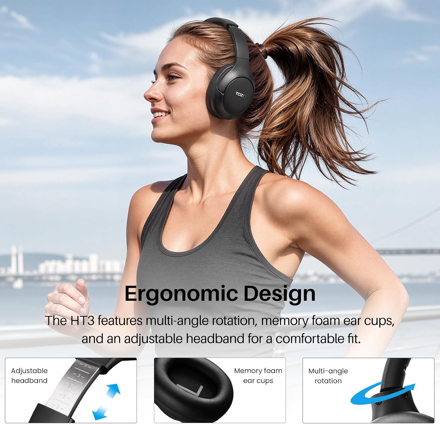 TOZO HT3 Hybrid Noise Cancelling Wireless Headphones, 90H Over Ear Headset | Hi Res Audio, AI Voice Assistant, Dual Device Connection, 32 Custom EQs, Built In 5 Mics, ANC, Foldable, Bluetooth 6.0 - Image 9