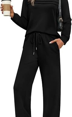 WIHOLL Two Piece Sets for Women Fall Travel Vacation Outfits 2026 Long Sleeve Lounge Sets Side Slit Wide Leg Pants XS-3XL